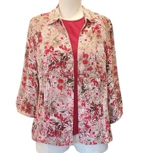 Christopher & Banks Floral Red and Cream Women's Blouse and Top